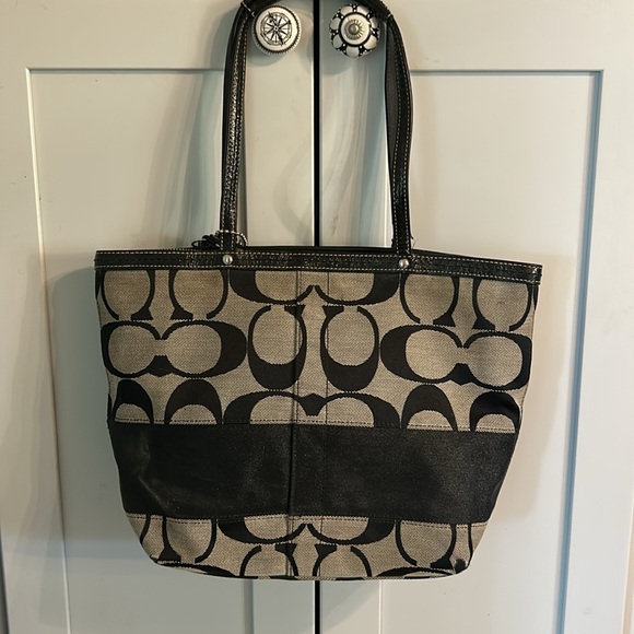 Coach Black and Tan Signature Tote with Leather Accents - Picture 2 of 4